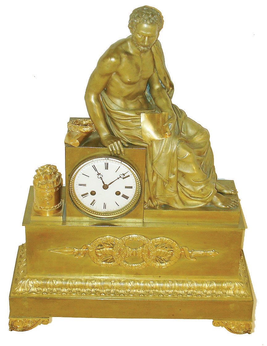 France, large gilt bronze mantel clock, seated male figure with scrolls and laurel wreath above an acanthus molded base on Grecian scrolled feet, front with interlocking wreaths, two of which contain lightning, and with a spear behind, beaded bezel with beveled glass, Roman numeral white enamel dial with blued steel hands, 8 day time and count wheel strike pendule a Paris movement signed "Pons", pendulum with silk thread suspension, case back also with glazed bezel, c1840 — Antique Clocks Price Guide