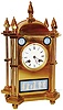 France, probably for the English market, a brass Gothic style mantel clock set with signed Wedgwood plaques, Japy Freres eight day time and strike, movement, white enamel Roman numeral dial, Breguet style hands, bezel with beveled glass, polished brass case with columned corners, topped by acorn form finials, set with blue signed Wedgwood jasper plaques decorated with classical and allegorical motifs, each set in its own black painted, metal frame c1860