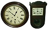 Clocks- 2 (Two) Asian 8 day time and strike stained wood wall clocks: one with "Made in Hong Kong" on its painted metal dial; the round one with mock pendulum aperture in its dial; c1910