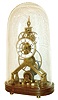 Reproduction skeleton clock, Chinese, brass framed fusee movement with large wheels, recoil escapement, Roman numeral white enamel dial, pierced steel hands, on a wooden base with brass feet, and under a glass dome, c2000