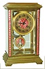 France, crystal regulator, brass case with stepped base and top and with beveled glasses, the case front and dial center decorated with pink champleve enamel, the enamel ornamented with gilt shamrocks, gilt bezel, Arabic numeral gilt metal dial marked "Bailey, Banks & Biddle Co.", 8 day time and strike pendule a Paris movement with Brocot escapement, the mark of Japy Freres, and also marked A1, striking on a gong, gilt pendulum with pink champleve enamel with portrait of a stylish young woman painted with opaque overglaze enamel, her dress in transparent orange and yellow enamels and backed with foil, c1910