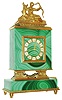 Switzerland, malachite and gilt brass desk or bedside clock, stone base with gilt molding and feet, the square clock case on cast architectural supports with scrolls and acanthus leaf decoration, the top with gilt figure of Diana and a deer, rear door gilt and with engraved decoration, Roman numeral gilt and white enamel chapter ring with fancy gilt hands, time and alarm movement with lever escapement, c1960