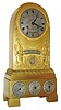 Berrolla, Rue Grenetat N. 4, a Paris, very unusual gilt bronze table or mantel clock with calendar, phases of the moon and retrograde displays, 8 day time and strike pendule a Paris movement signed Pons on front plate, snake form bezel and silvered Roman numeral dial with aperture below center  showing retrograde seconds, aperture in case front with scalloped edge displaying retrograde date, a round aperture below trimmed with gilt leaves and flowers showing phases of the moon, the moon disc painted with a smiling face and backed by a dark blue enamel sky with stars, these displays flanked by swans and cornucopias and other Grecian ornaments, the base with 3 silvered dials with scalloped edges, showing day of the week, date, and month, all dials with blued steel hands, the whole on rectangular feet, c1825