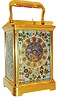 France, carriage clock, Corniche case with beveled glass front and back, champleve enamel panels an dial, the decoration with colorful leaves and flowers on a turquoise background, Roman numeral dial, the center with darker blue ground, gilt spade style hands, brass 8 day movement striking the hours and half hour in passing, and repeating the hours on demand, silvered lever platform, back plate marked "B" at lower left, c1880