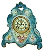 Ansonia Clock Co., New York, Royal Bonn "La Roche" porcelain 8 day time and strike mantel clock, visible escapement, c1901