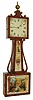 Square head banjo, 8 days, time only, weight driven movement in a mahogany veneer case with painted iron dial and reverse painted tablets, c1830