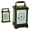 Clocks- 2 (Two) Waterbury Clock Co., Waterbury, Conn., brass and glass time only carriage clocks: "Speck" 30 hour; "Sage" 8 day; c1906