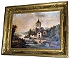 French picture clock, oil on canvas, 8 day time and strike movement by Chaumont, Paris, with 4-tune music box, c1880