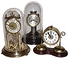 Clocks- 3 (Three) brass, glass and wood mantel clocks: Pool Manufacturing Co., Ithaca, New York; German double-bell alarm clock; Elgin German anniversary 400 day clock; 20th century
