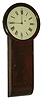 Tavern Clock, Massachusetts, pine case with mahogany veneer, glazed 4 piece turned mahogany bezel, Roman numeral concave iron painted dial, black painted steel hands, 8 day time only movement, lead weight, and banjo style pendulum, c1825