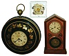 Clocks- 3 (Three): E. Ingraham "Doric" mahogany 30 hour time and strike; Tole painted tin gallery clock; Hermle 141-040 38cm pendulum movement; 19th and 20th century.