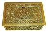 Germany, singing bird box, cast brass case decorated with mythical beasts and scrolled vines, the bird emerging from the box when the lever is pushed, performs for his audience, and then disappears from view, c1980