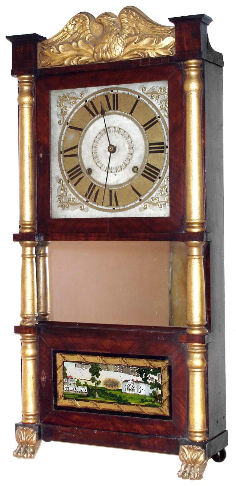 John Birge for George Mitchell, Bristol, Conn., 8 day, time and strike strap brass movement triple decker shelf clock, c1831 — Antique Clocks Price Guide