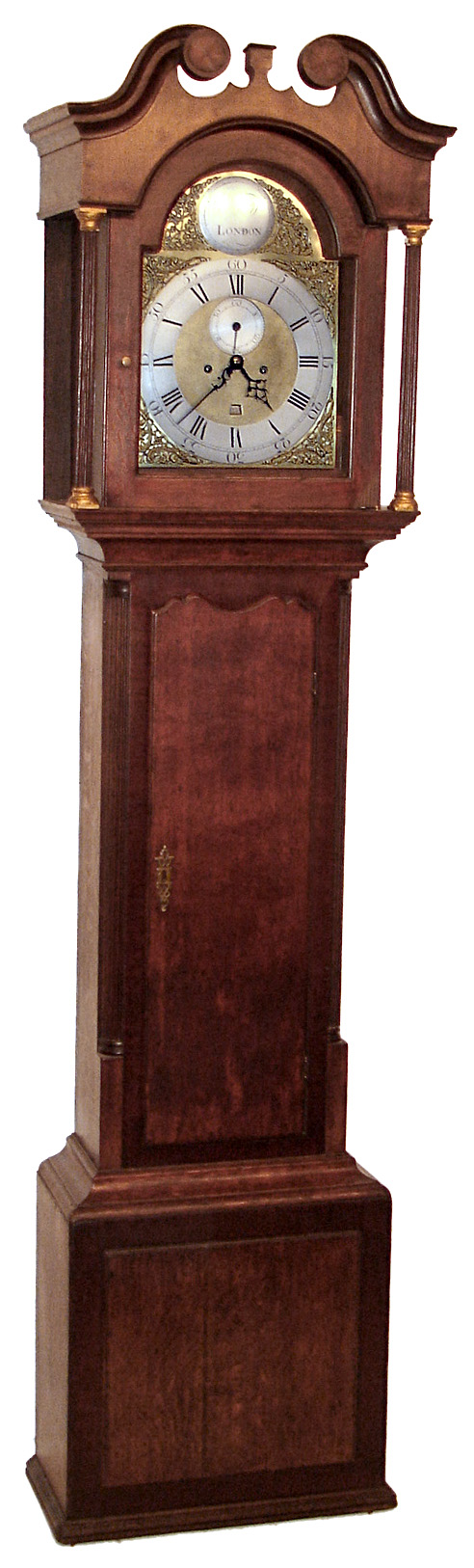 Thomas Wagstaffe, London, 8 day, time and strike with calendar composite brass 12" dial tall clock. Wagstaffe was a Quaker who frequently supplied movements to his fellow American Quakers who had them cased in Philadelphia or Newport, movement c1770, case probably c1810. — Antique Clocks Price Guide