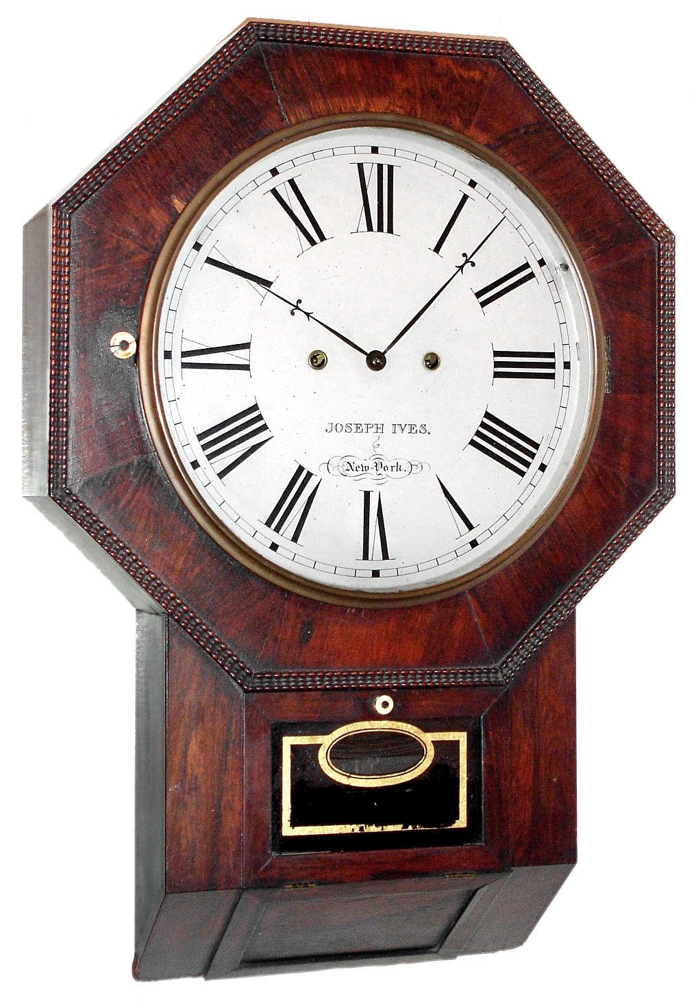 Atkins, Whiting and Co., Bristol, Conn., "Octagon Drop XX Regulator" with type III (fancy frame) wagon spring, 30 day, time only movement in a rosewood veneered case with ripple molding around the top, c1855 — Antique Clocks Price Guide