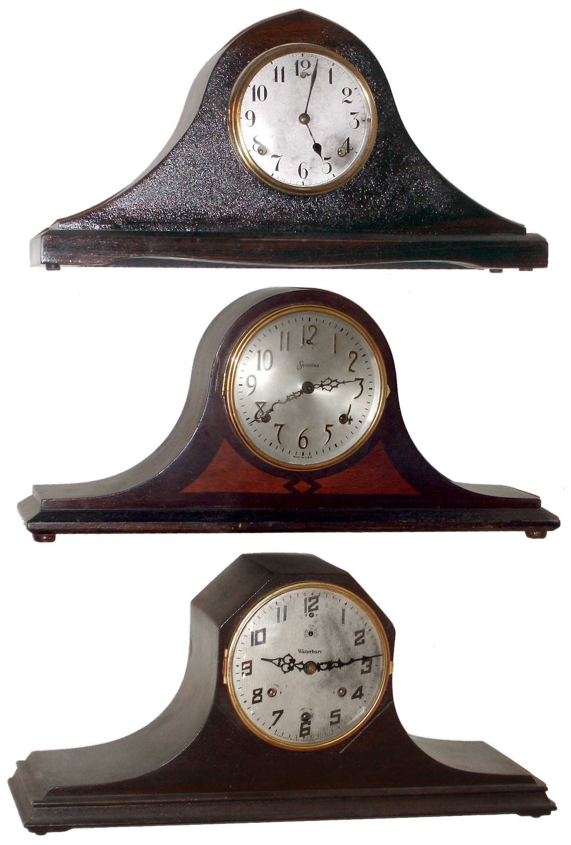 Clocks- 3 (Three) Connecticut mahogany 8 day tambour mantel clocks, Waterbury, Gilbert and Sessions, early 20th century. — Antique Clocks Price Guide