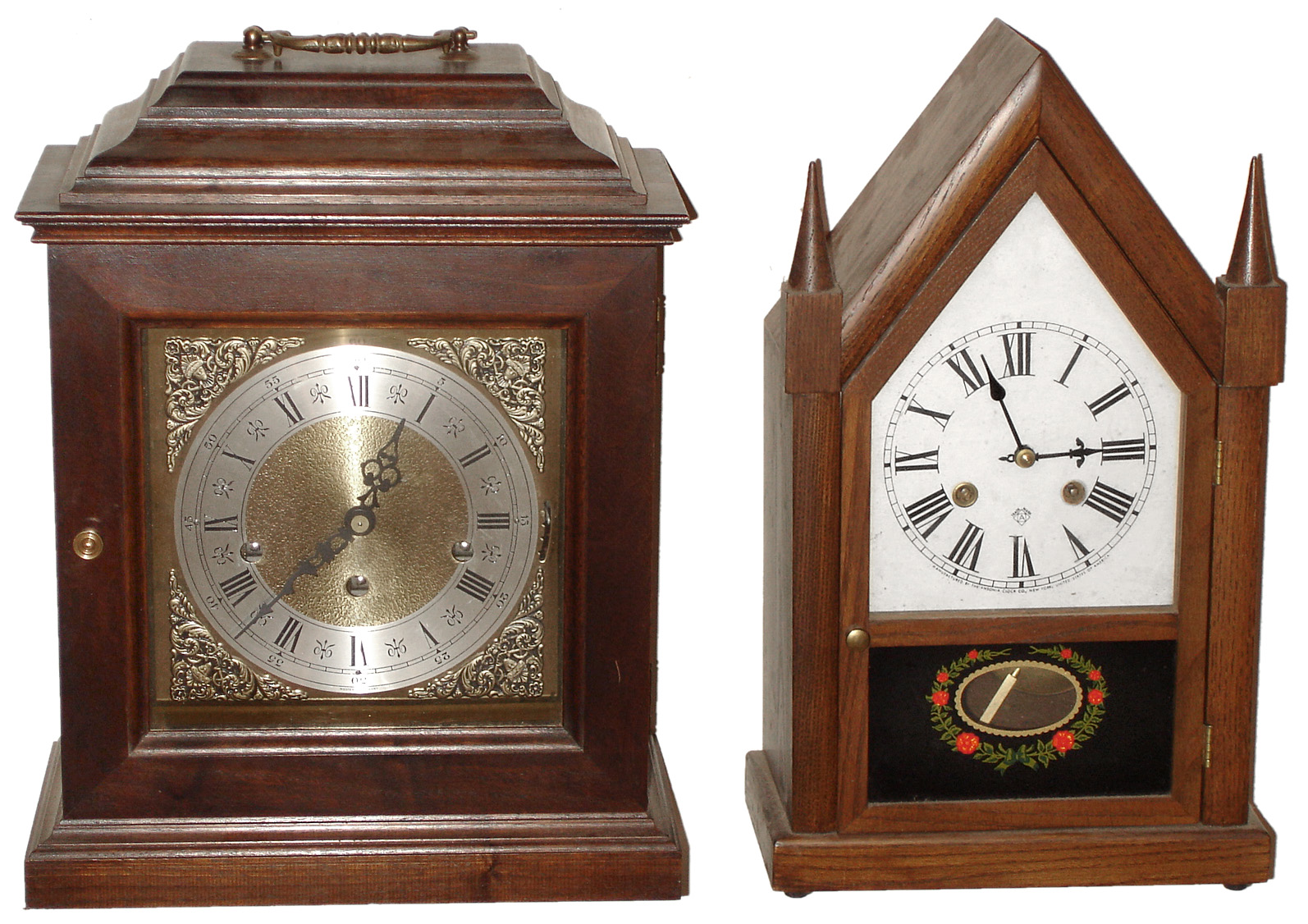 Clocks- 2 (Two) reproduction 8 day wood case mantel clocks, Ansonia steeple, German chiming bracket, late 20th century — Antique Clocks Price Guide