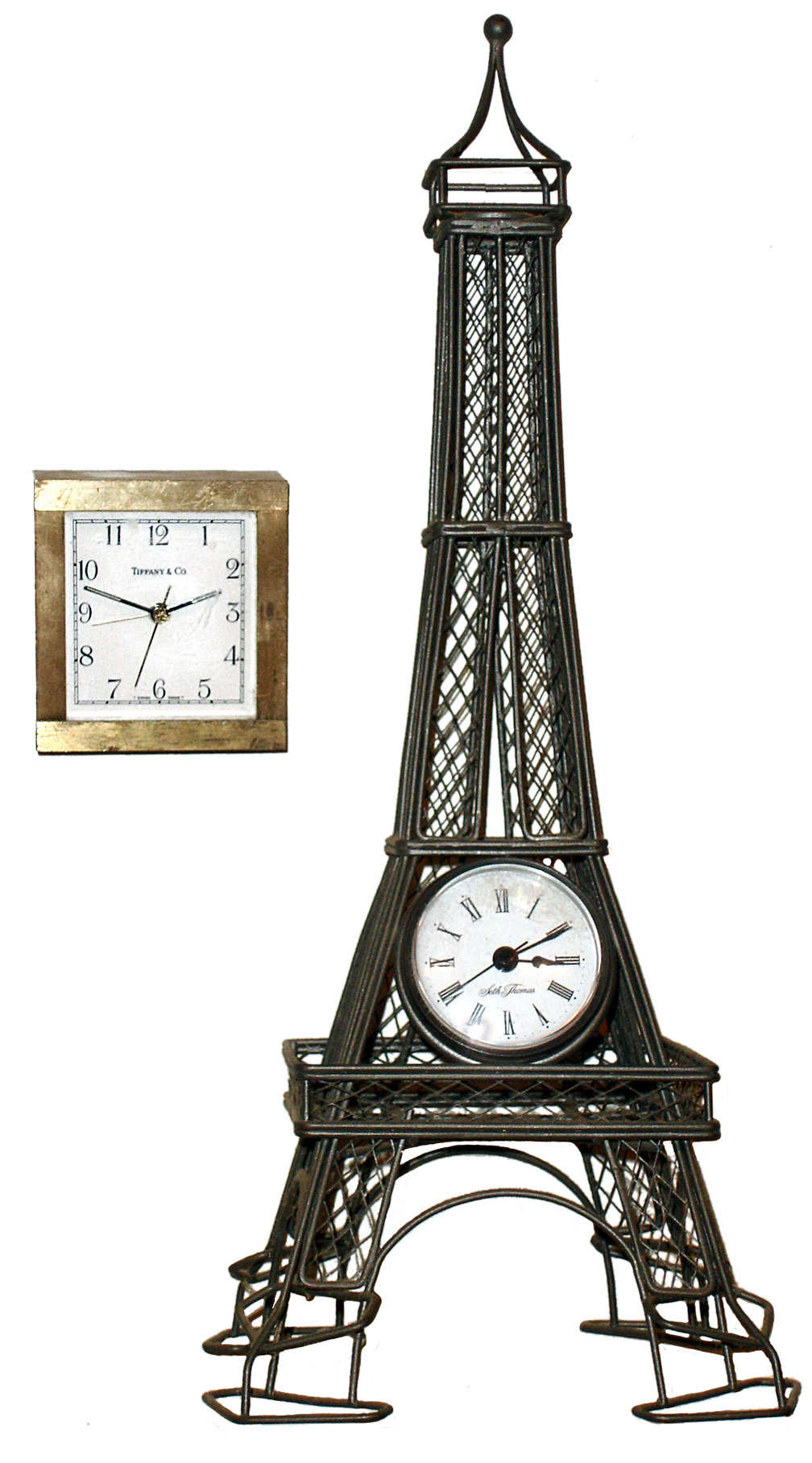 Clocks- 2 (Two) modern quartz Tiffany Swiss brass desk alarm clock and Seth Thomas Eiffel Tower novelty clock, late 20th century. — Antique Clocks Price Guide