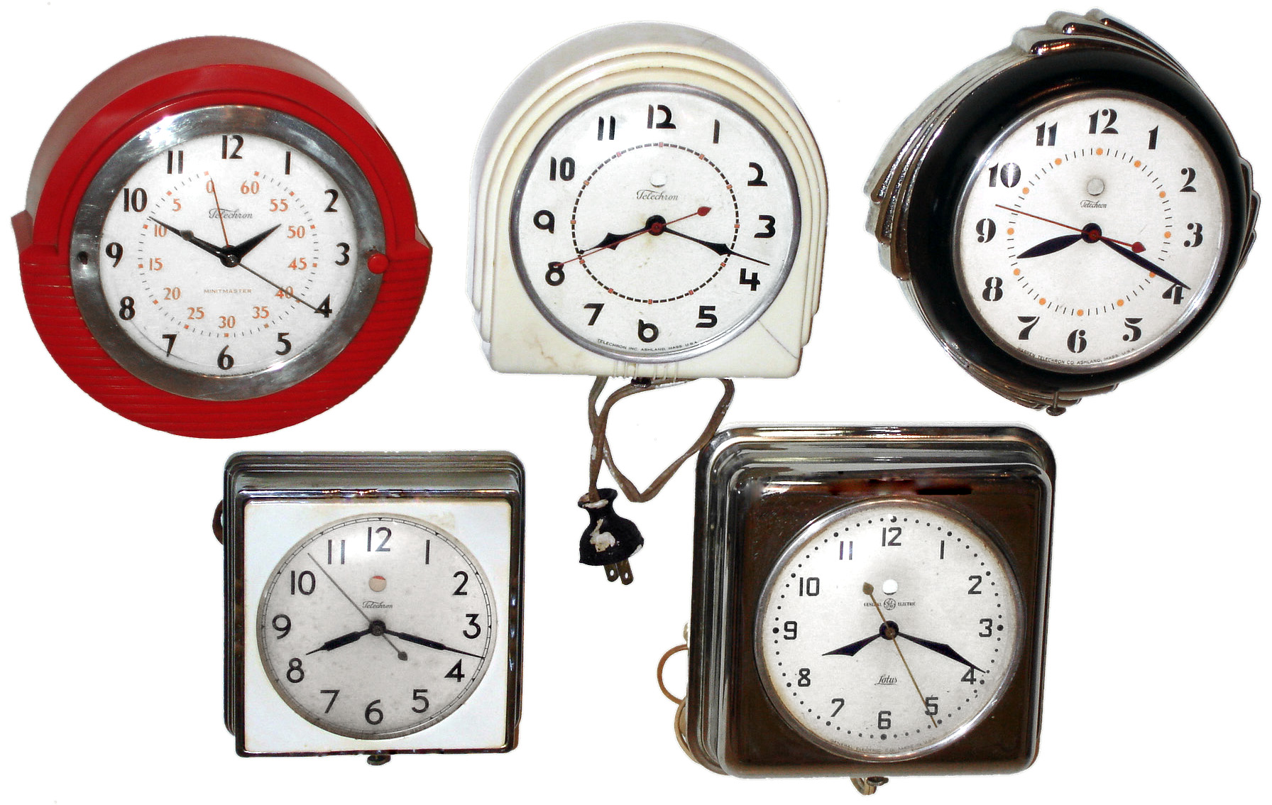 Clocks- 5 (Five) electric Deco style wall Telechron and GE, 20th century — Antique Clocks Price Guide