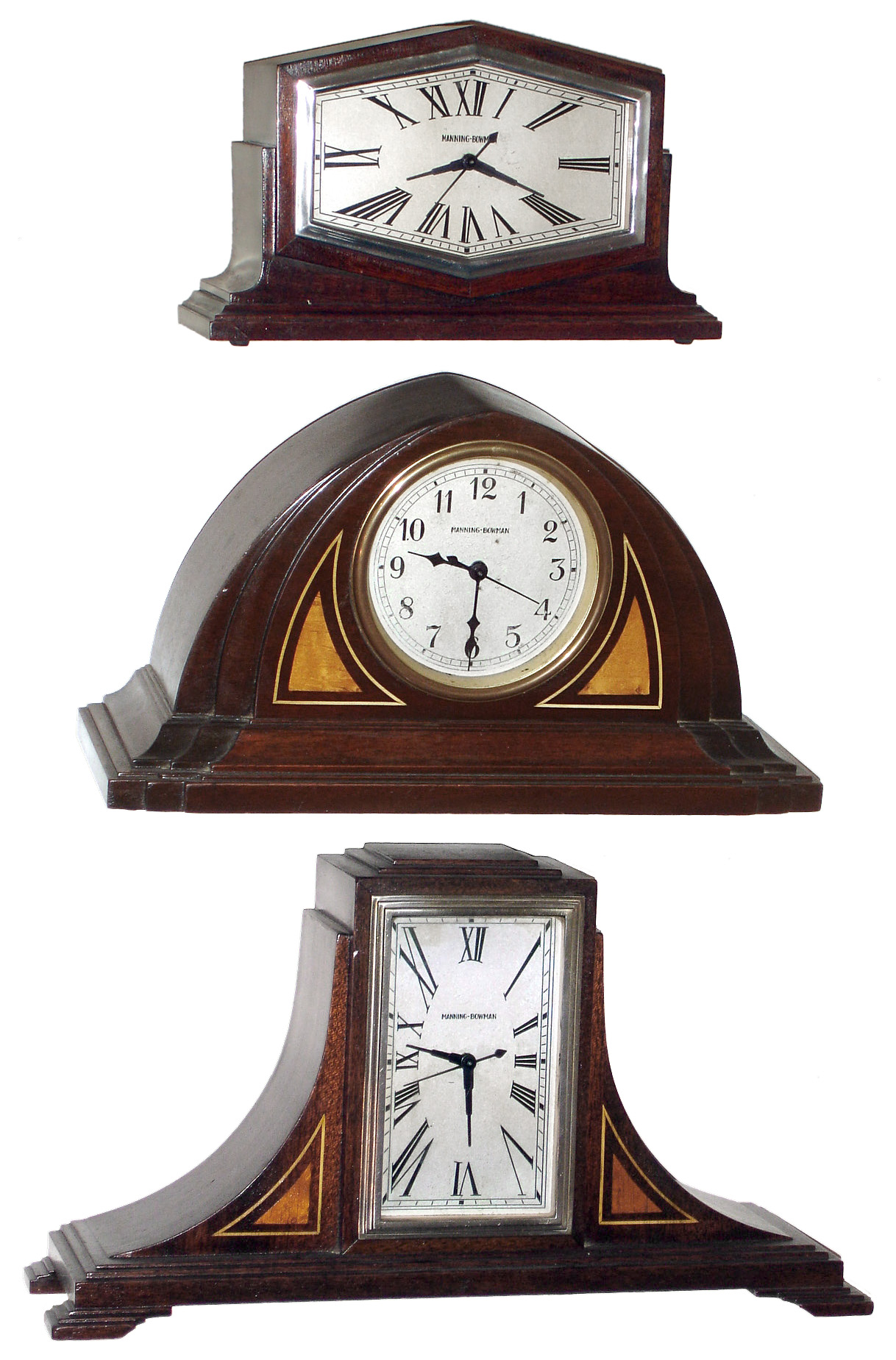 Clocks- 3 (Three) Deco wood case electric mantel clocks by Manning-Bowman, Meriden, Conn., first half 20th century — Antique Clocks Price Guide