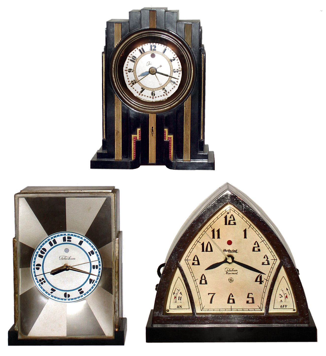 Clocks- 3 (Three) Deco Telechron, Ashland, Mass., electric metal and Bakelite table clocks, c1930 — Antique Clocks Price Guide