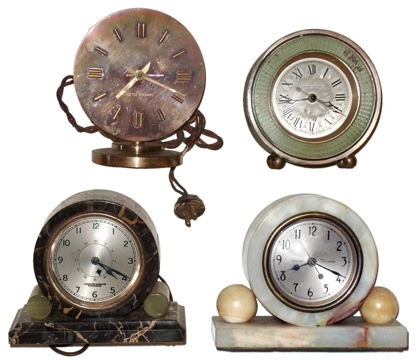 Clocks- 4 (Four) Deco electrics: round head marble and metal by Hamilton-Sangamo, Sunbeam, Seth Thomas and Manning-Bowman, c1930 — Antique Clocks Price Guide