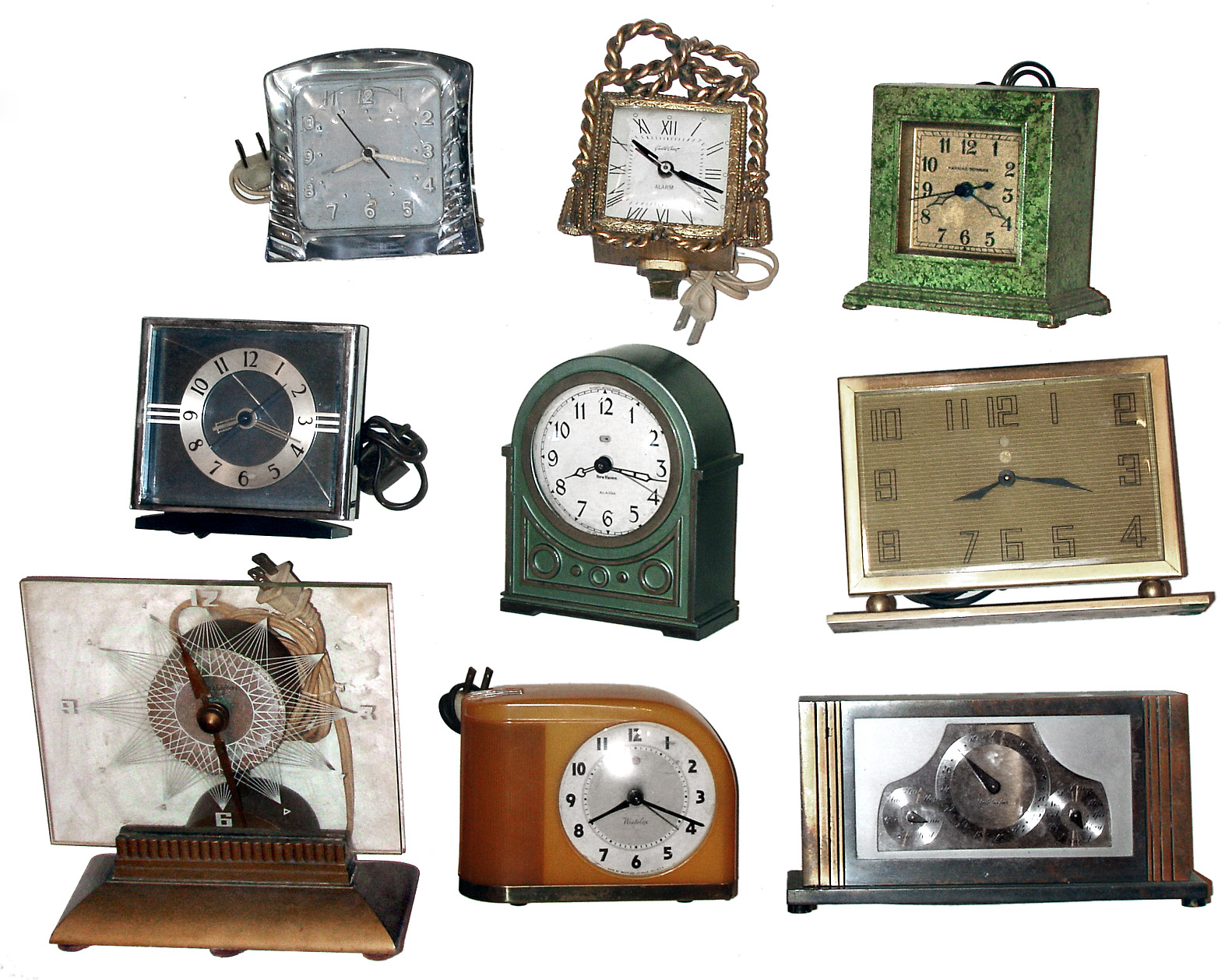 Clocks- 9 (Nine) vintage electrics in metal, glass and Bakelite cases by various makers, mid 20th century. — Antique Clocks Price Guide