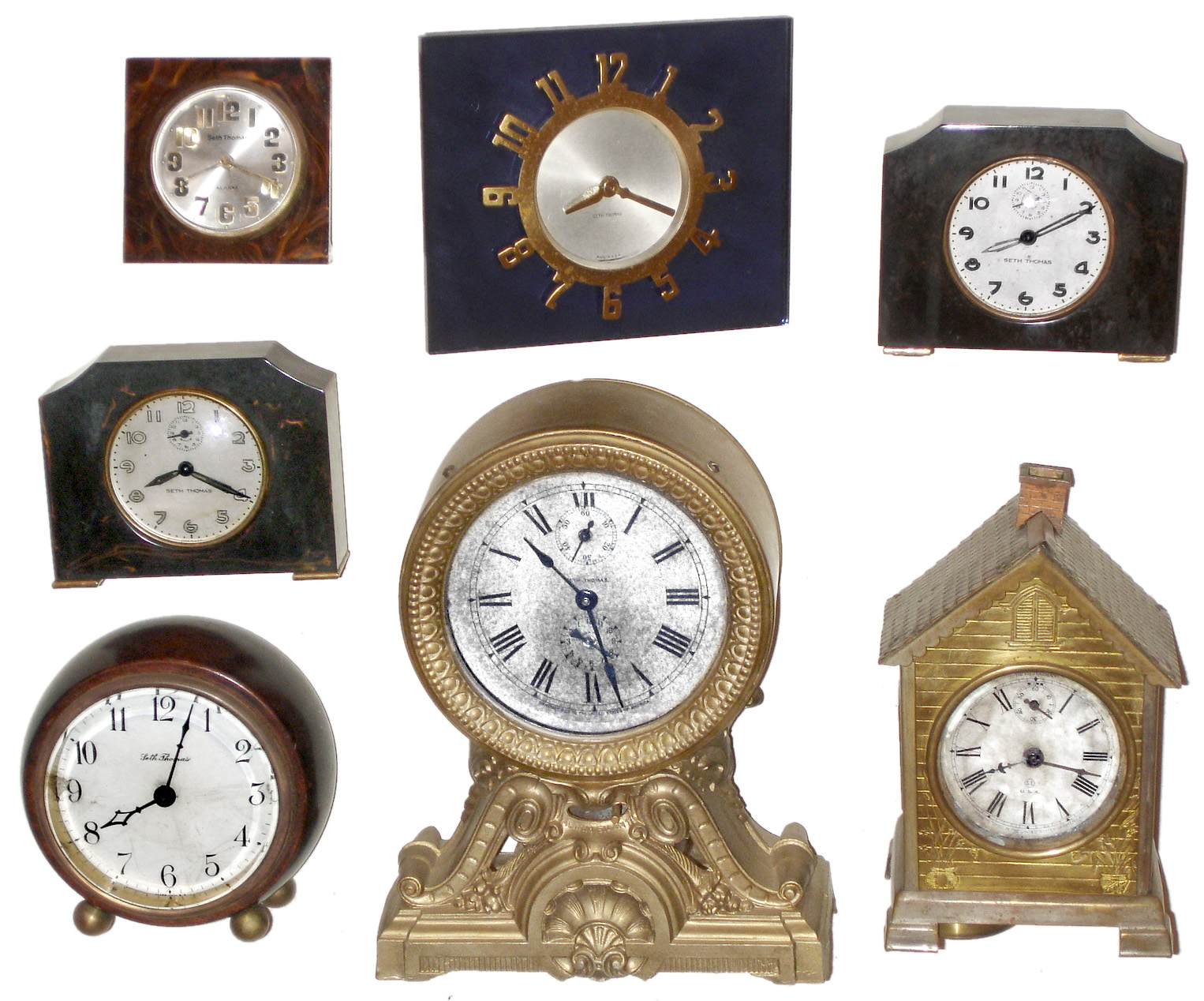 Clocks- 7 (Seven) Seth Thomas vintage wind-ups in metal, wood and Bakelite cases, first half 20th century — Antique Clocks Price Guide