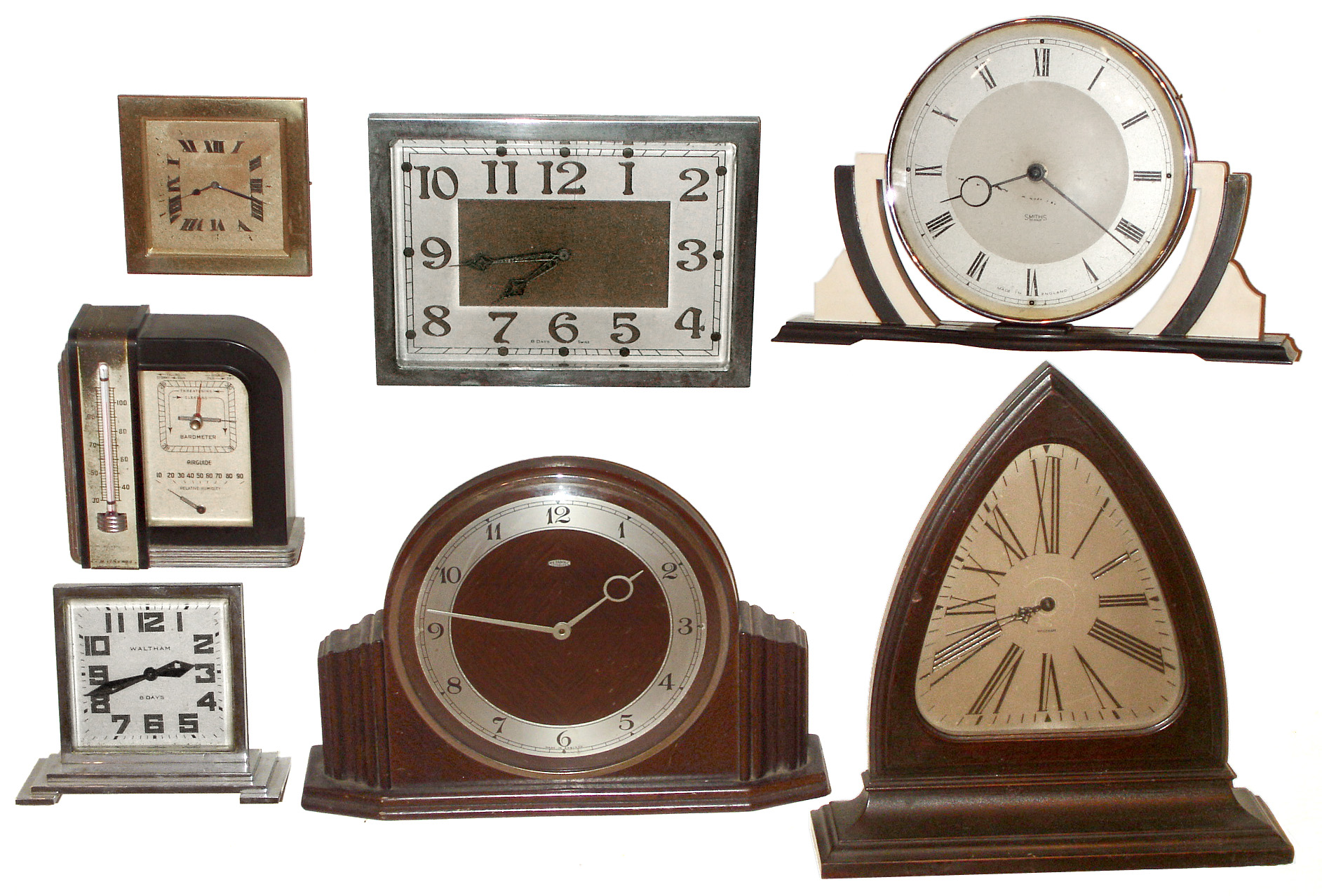 Clocks- 7 (Seven) Deco items including 5 wind-up clocks, an Airguide weather station and a wood Waltham case, first half 20th century — Antique Clocks Price Guide