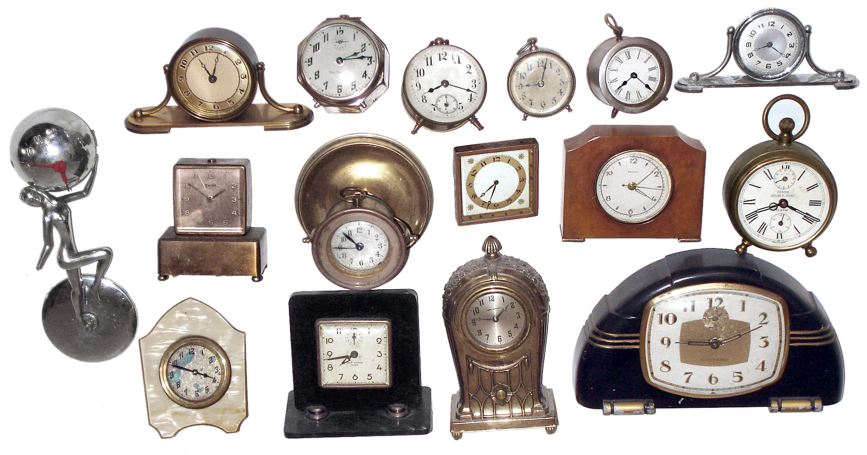 Clocks- (16) small vintage wind-ups, metal and Bakelite, various styles and makers, first half 20th century — Antique Clocks Price Guide