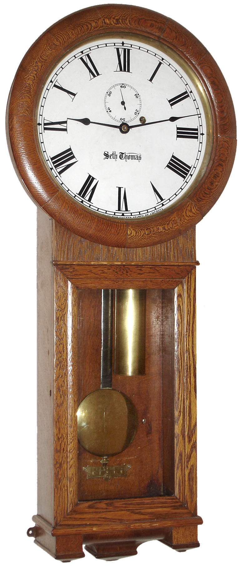 Seth Thomas Clock Co., Thomaston, Conn., "Regulator No. 2", oak 8 day, time only weight driven, c1900 — Antique Clocks Price Guide