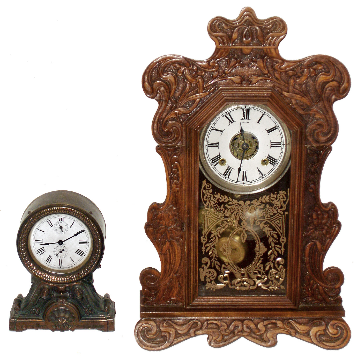 Clocks- 2 (Two) American mantels: Seth Thomas 30 hour bronze finish cast metal "Long Alarm"; and Ansonia "Aspen" oak 8 day, time and strike gingerbread; c1906 — Antique Clocks Price Guide