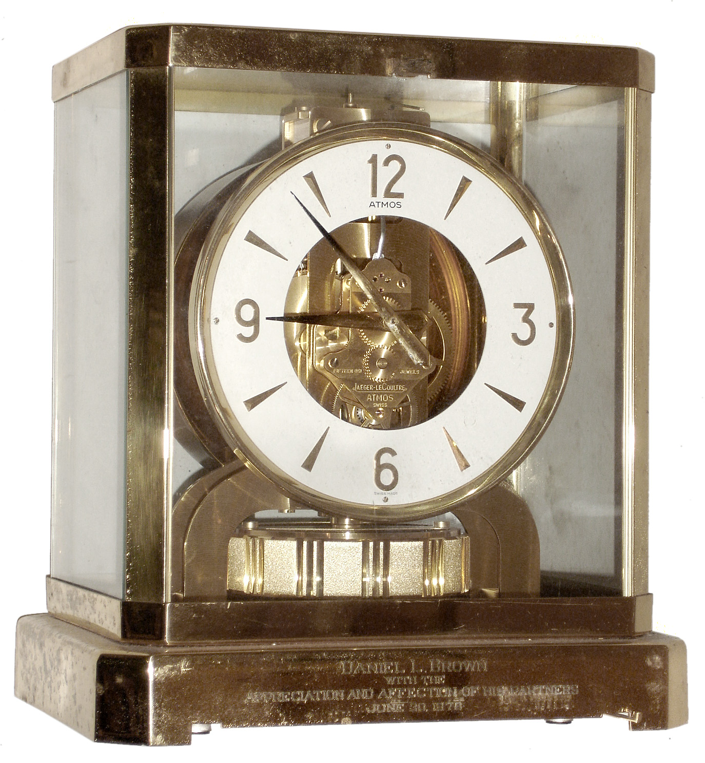 LeCoultre, Switzerland, "Atmos" s#472524 gold plated mantel clock, 1978 presentation — Antique Clocks Price Guide