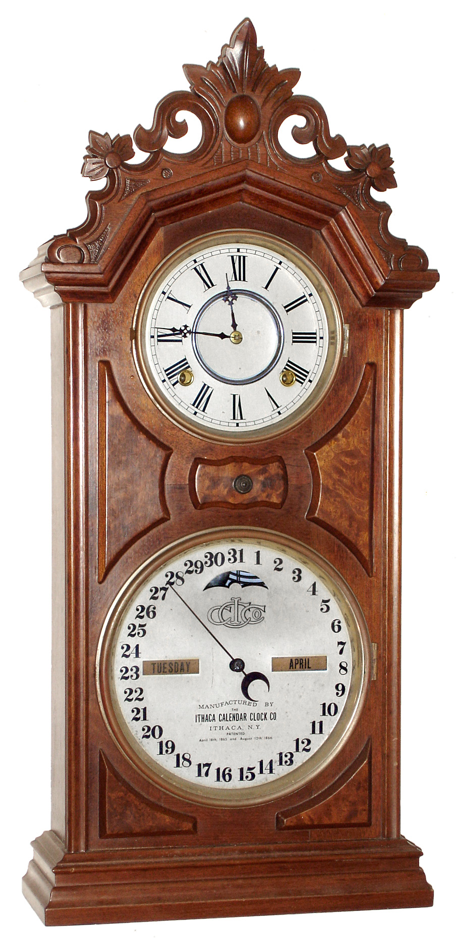 Ithaca Calendar Clock Co., NY, "No. 8 Shelf Library" walnut 8 day, time and strike double dial calendar clock, c1880 — Antique Clocks Price Guide