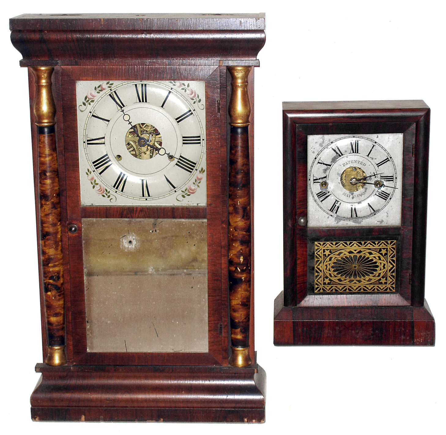 Clocks- 2 (Two) Seth Thomas 30 hour time and strike rosewood shelf models: shell column weight driven; and cottage, c1865 — Antique Clocks Price Guide