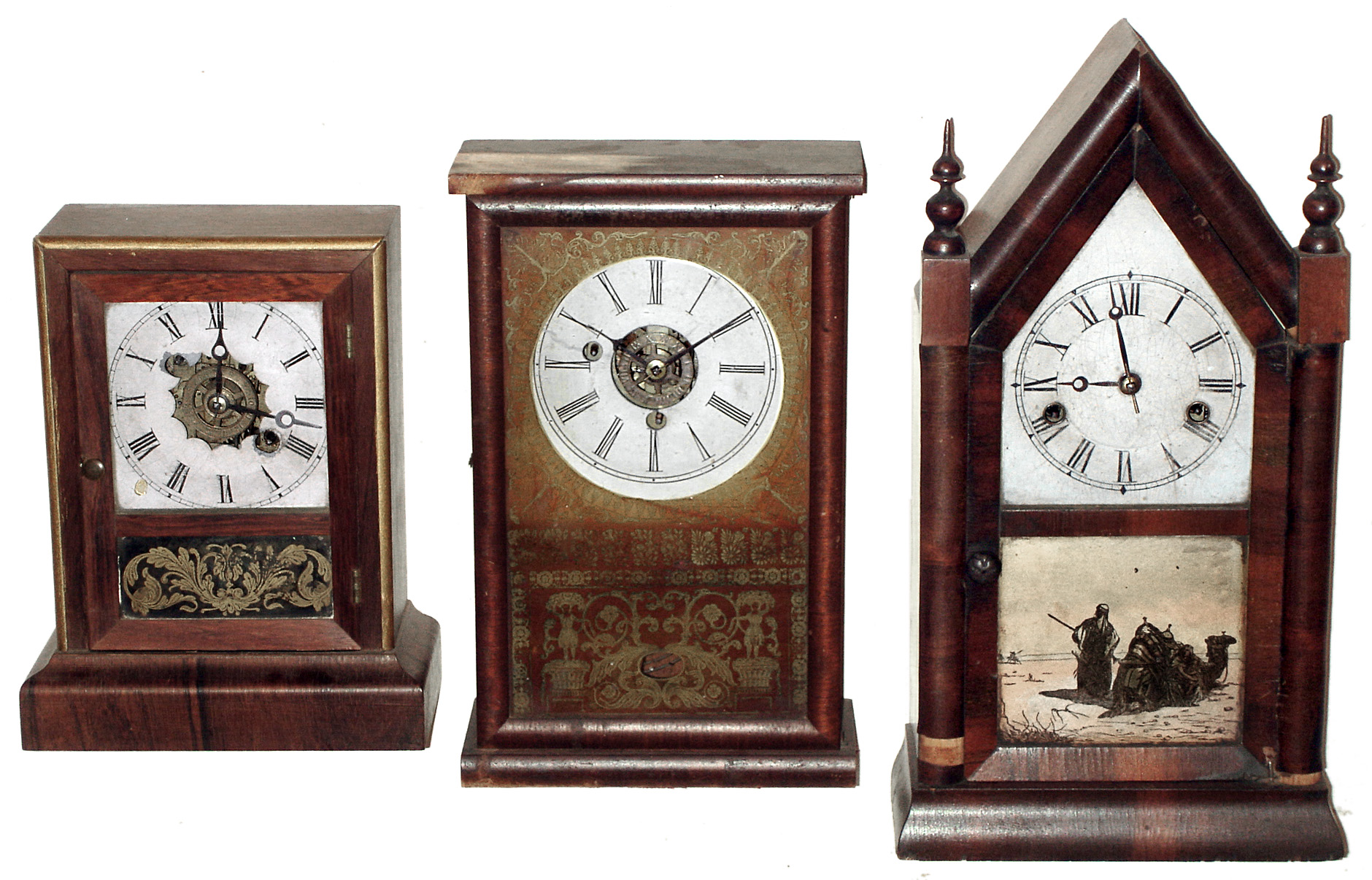 Clocks- 3 (Three): Connecticut small 30 hour wood shelf models: Ansonia cottage; Atkins box; Jerome steeple, mid 1800's — Antique Clocks Price Guide