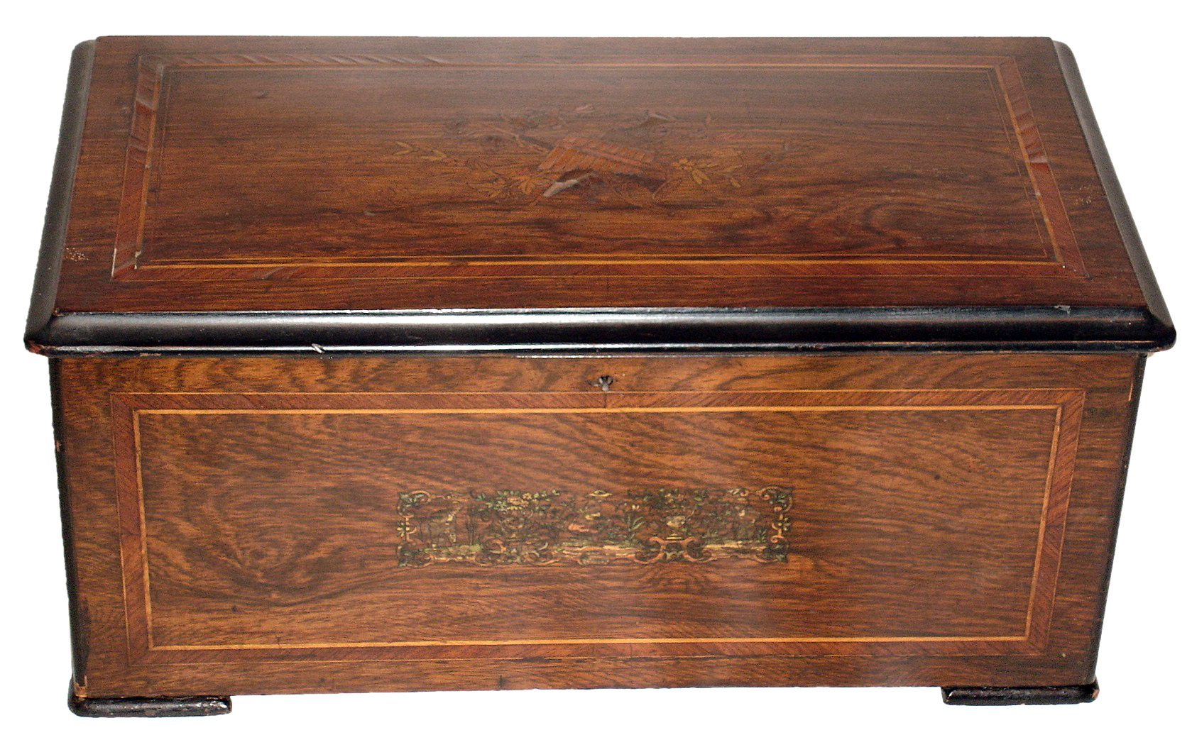 Swiss music box with multi-tune cylinder, 63 tooth comb, movement playing on six bells and a drum with eight hammers housed in inlaid rosewood case, c1880 — Antique Clocks Price Guide