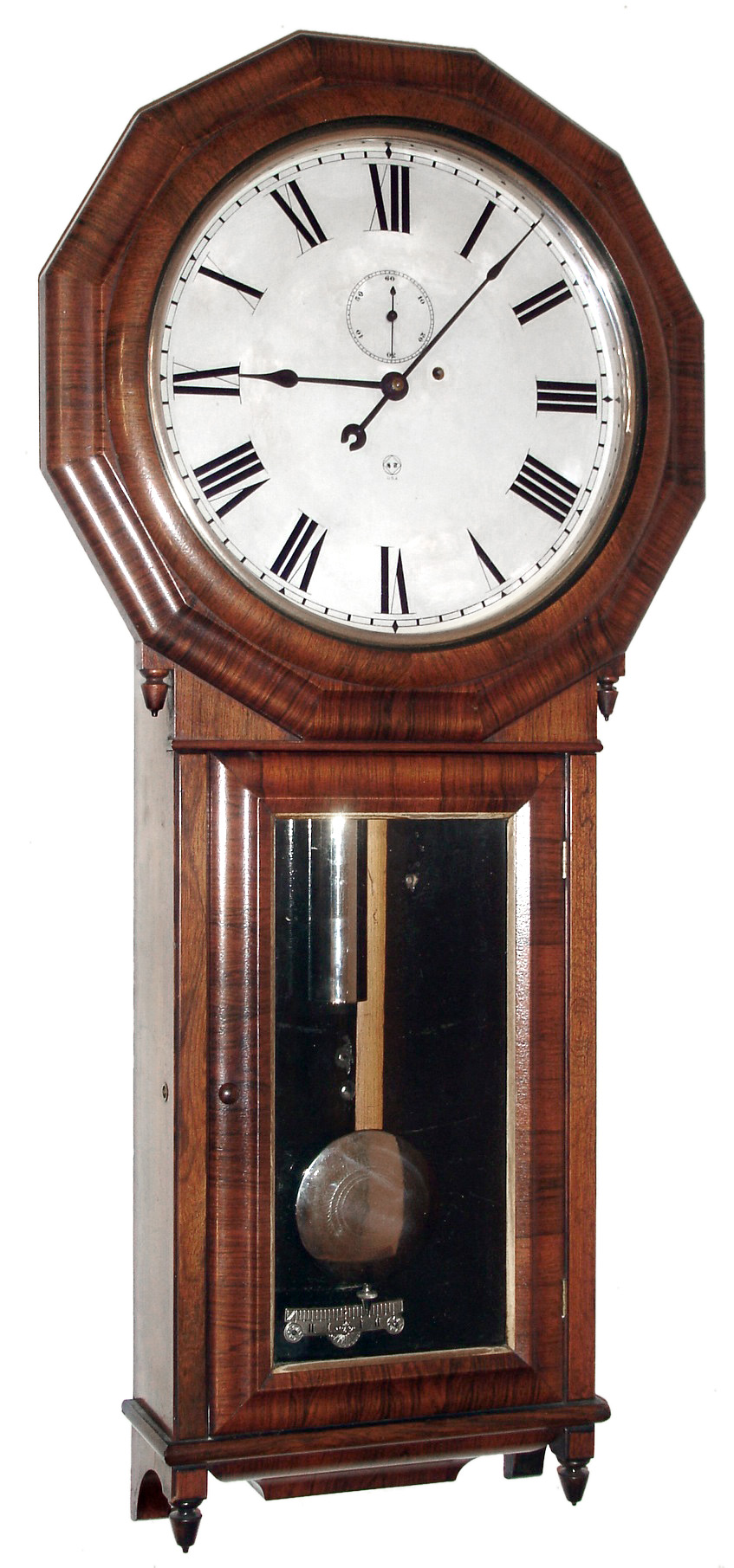 Seth Thomas Clock Co., Thomaston, Conn., "Regulator No. 3" wall clock, 8 day, time only, weight driven movement in rosewood case with painted metal dial and nickel plated pendulum bob, indicator and weight, c1880 — Antique Clocks Price Guide