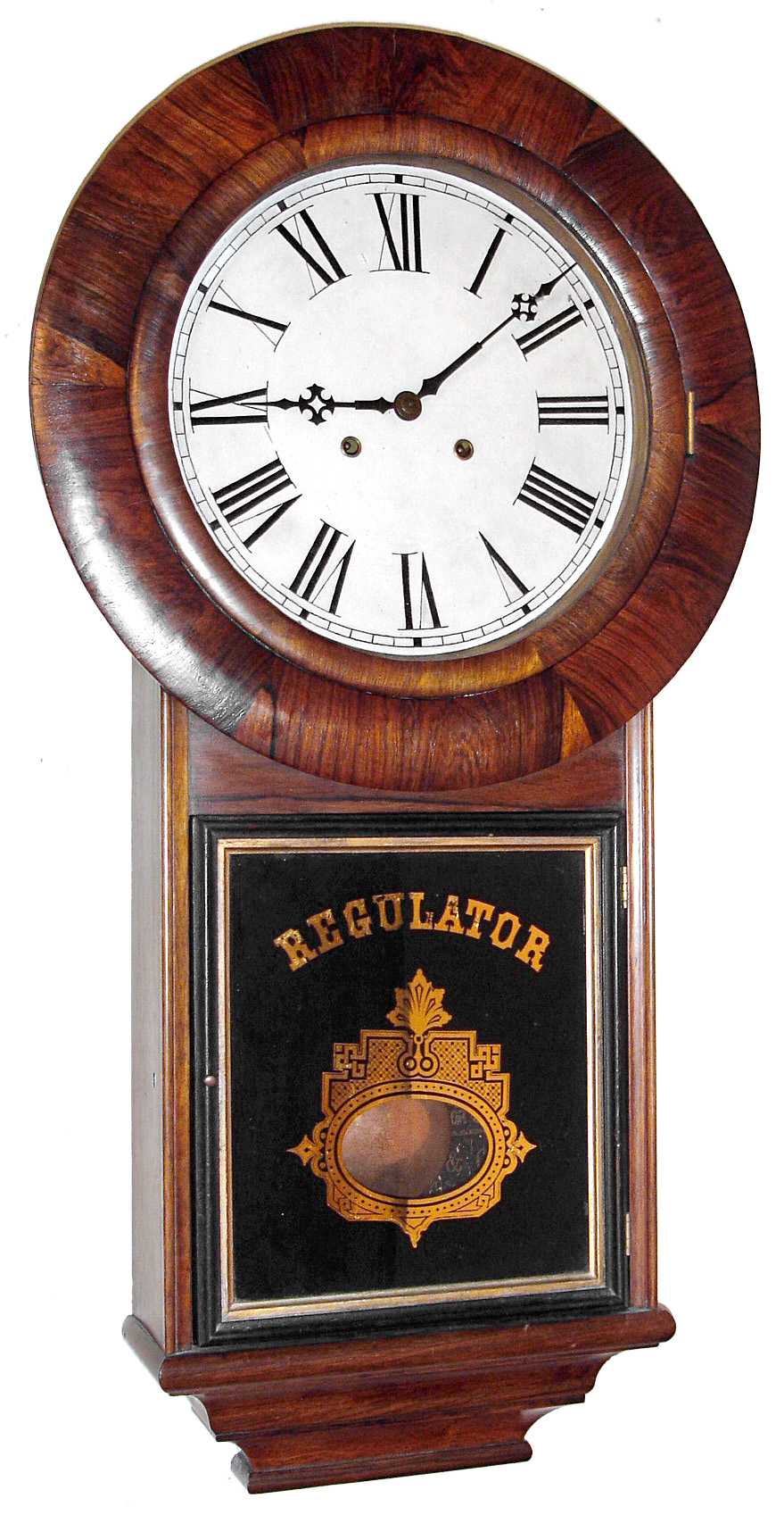 Welch, Spring and Co., Forestville, Conn., "No. 3 Regulator", 8 day, time only, two weight driven movement in a rosewood case with reverse painted lower tablet, c1880 — Antique Clocks Price Guide