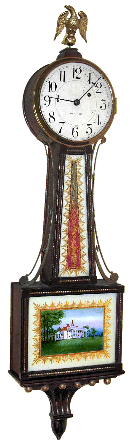 Waltham Clock Co., Waltham, Mass., "Presentation Banjo" wall clock, 8 day, time only, weight driven movement in rope banded mahogany case with painted metal dial and reverse painted tablets, c1910 — Antique Clocks Price Guide