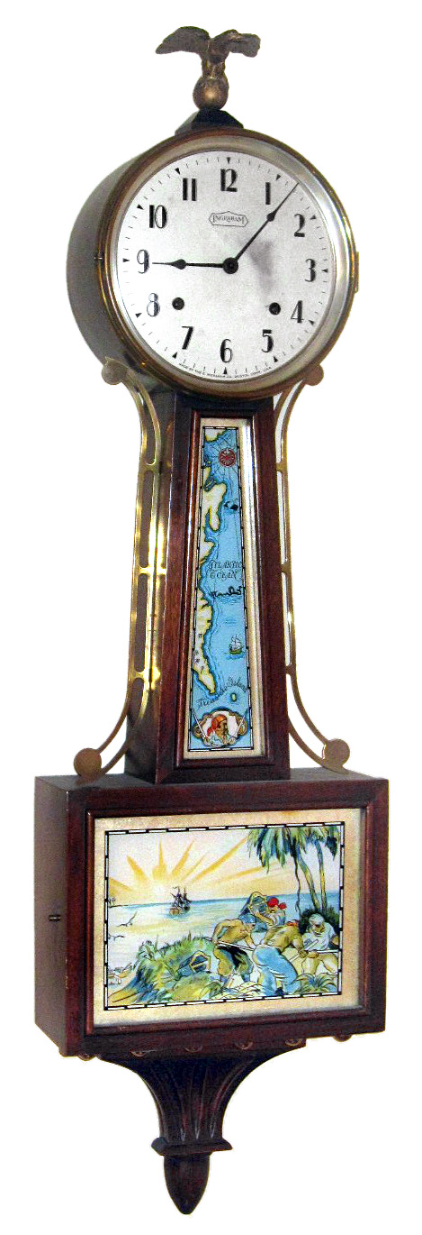 E. Ingraham Co., Bristol, Conn., "Treasure" banjo wall clock, 8 day, time and strike, spring driven movement in mahogany case with painted metal dial and silk screened throat and lower tablets, c1930 — Antique Clocks Price Guide