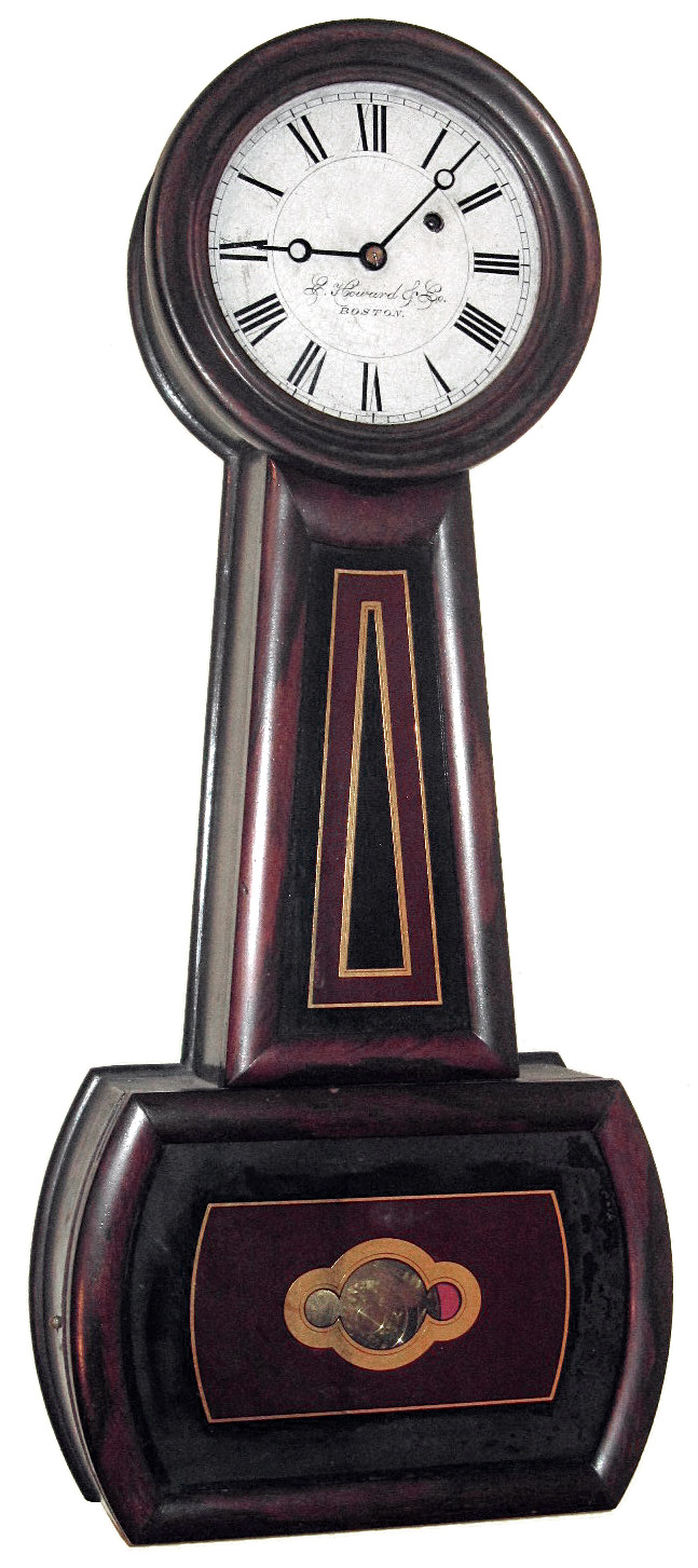 E. Howard and Co., Boston, Mass., "No. 5 Banjo" wall clock, 8 day, time only, weight driven movement in rosewood grained case with painted metal dial and reverse painted throat and lower tablets, c1880 — Antique Clocks Price Guide