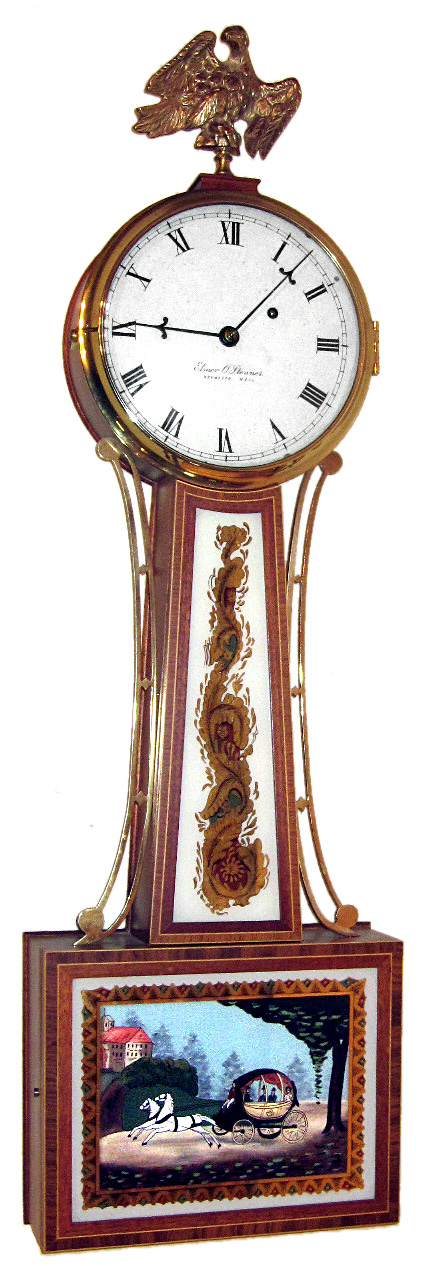 Elmer O. Stennes, Weymouth, Mass., "Banjo" wall clock, 8 day, time only, weight driven movement in an inlaid cross banded mahogany case with reverse painted throat and lower tablets, painted metal dial and brass eagle finial, dated 1972, #12 and stamped "M.C.I.P." — Antique Clocks Price Guide