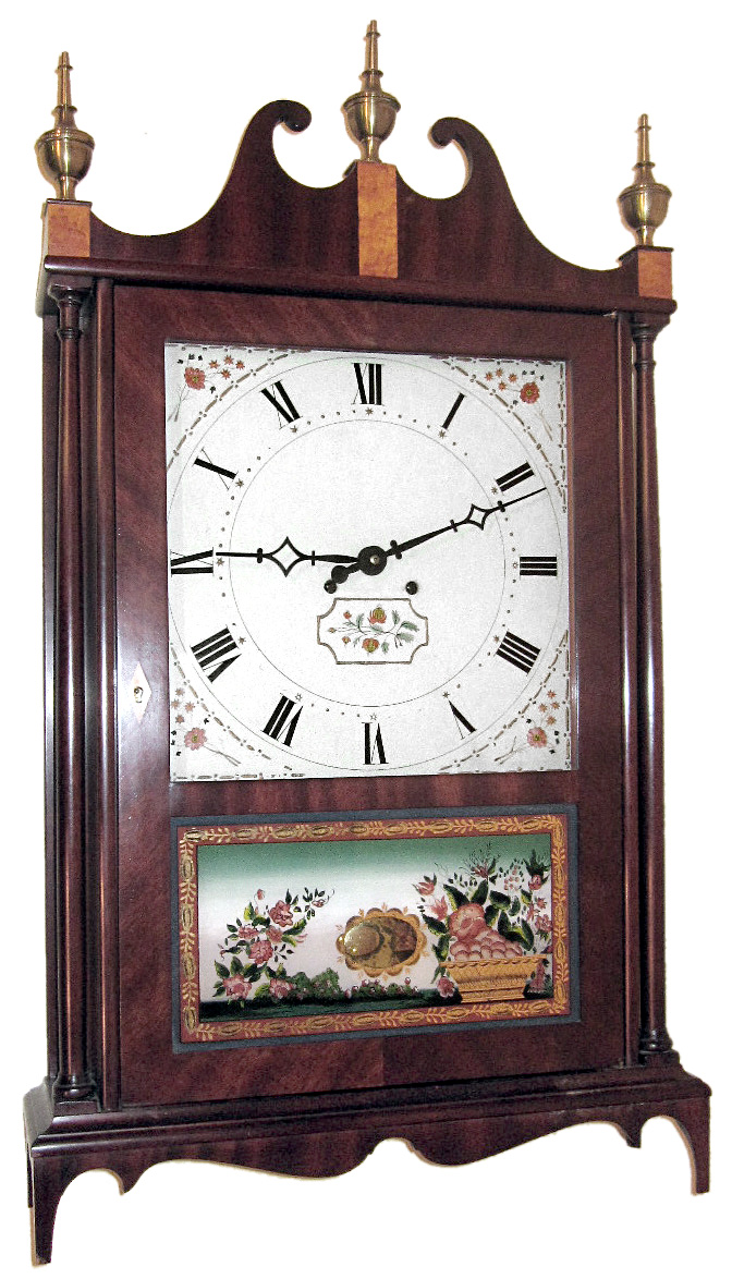 Elmer O. Stennes, Weymouth, Mass., "Pillar and Scroll", 8 day, time and bim bam strike, spring driven movement in a mahogany case with bird's eye maple highlights, reverse painted lower tablet and painted metal dial, c1965 — Antique Clocks Price Guide