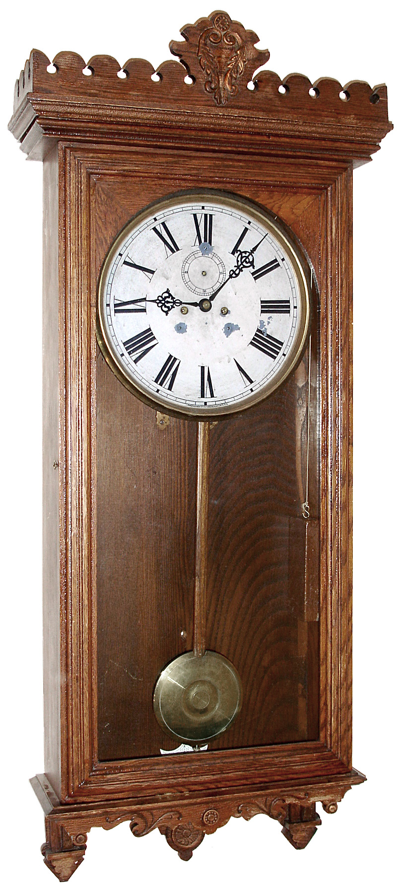 Waterbury Clock Co., Waterbury, Conn., "Regulator No. 18" wall clock, 8 day, time only, two weight driven movement in an oak case with painted metal dial, c1906 — Antique Clocks Price Guide