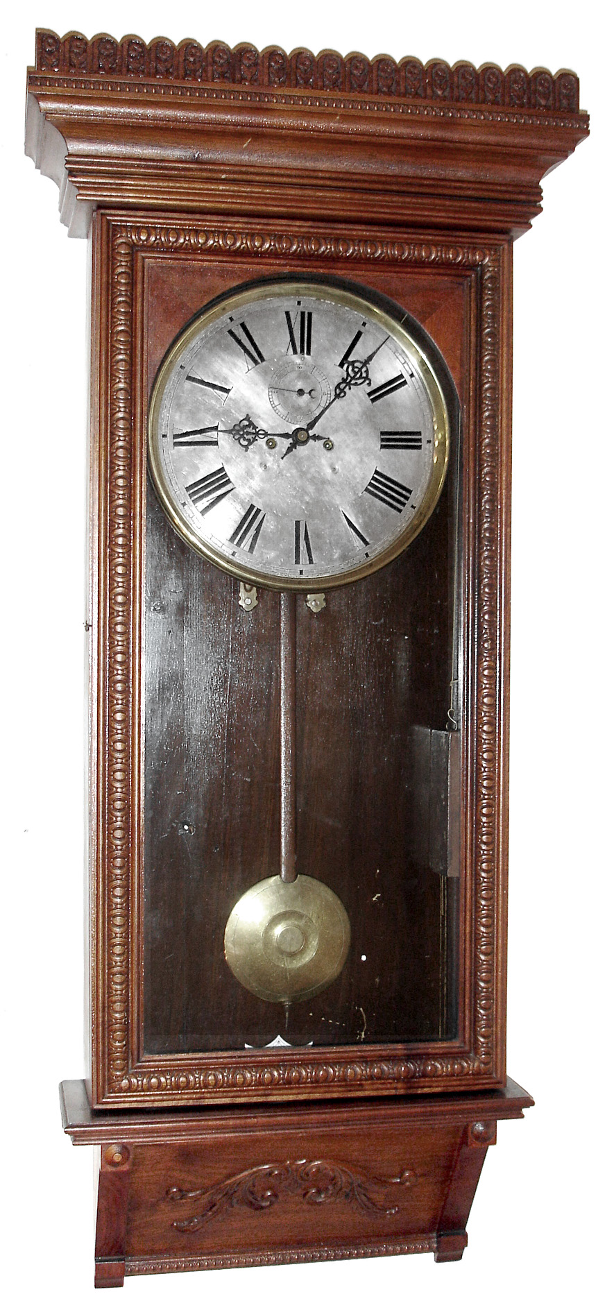 Waterbury Clock Co., Waterbury, Conn., "Regulator No. 67" wall clock, 8 day, time only, two weight driven movement in a walnut case with embossed door and trim and painted metal dial, c1906 — Antique Clocks Price Guide