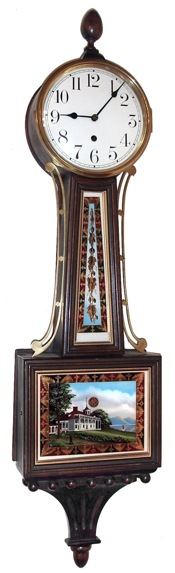 Waterbury Clock Co., Waterbury, Conn., "Willard No. 5" banjo wall clock, 8 day, time only, weight driven movement in mahogany case with gilt molding around reverse painted throat and lower tablets and white enamel dial and cast brass bezel, c1906 — Antique Clocks Price Guide