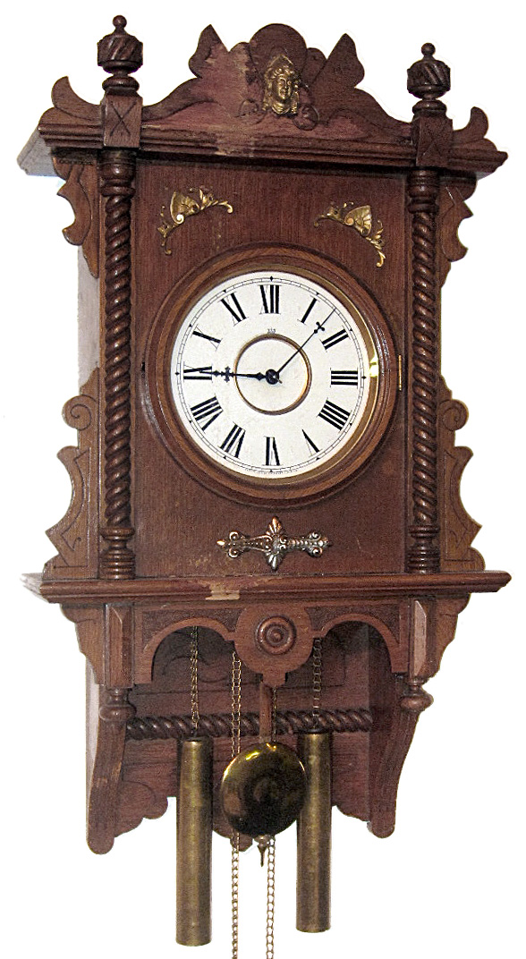 Waterbury Clock Co., Waterbury, Conn., "Study" unknown model wall clock, 8 day, time and strike, two weight driven movement in an oak case with papered dial, c1905 — Antique Clocks Price Guide