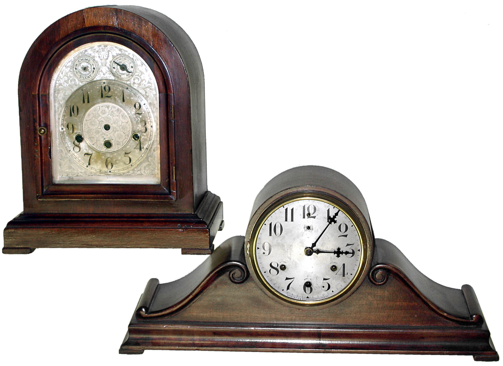 Clocks- 2 (Two) 8 day Westminster-chime mahogany mantel clocks, German Junghans and Waterbury, early 20th century. — Antique Clocks Price Guide