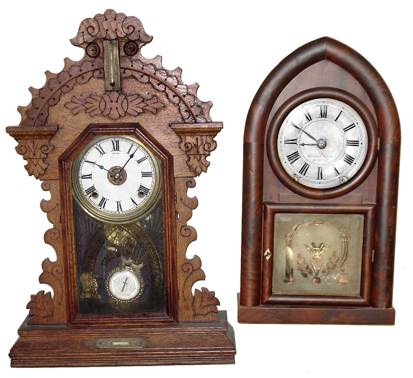 Clocks- 2 (Two) Bristol, Connecticut 8 day, time and strike wood mantel clocks, Brewster and Ingrahams, and E. Ingraham, late 1800's — Antique Clocks Price Guide